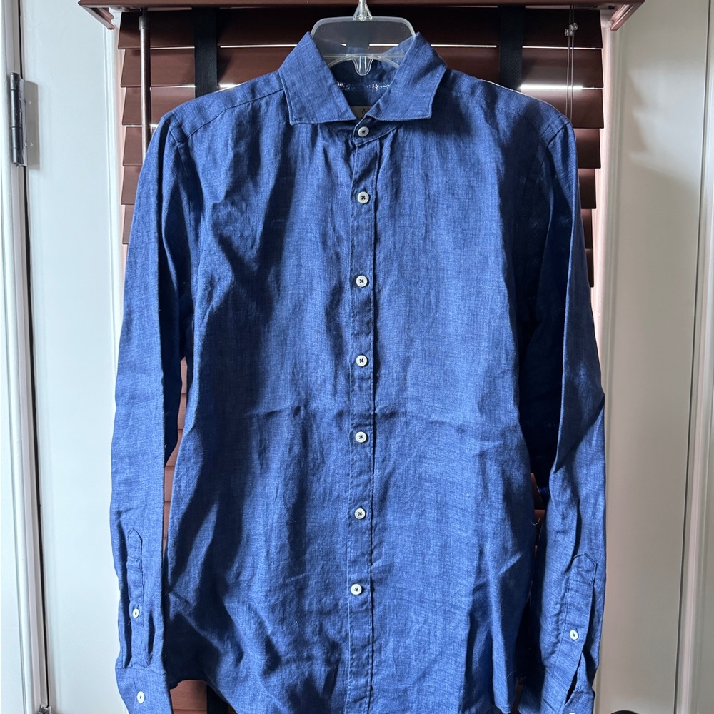 Canali Blue Linen Button Down Shirt